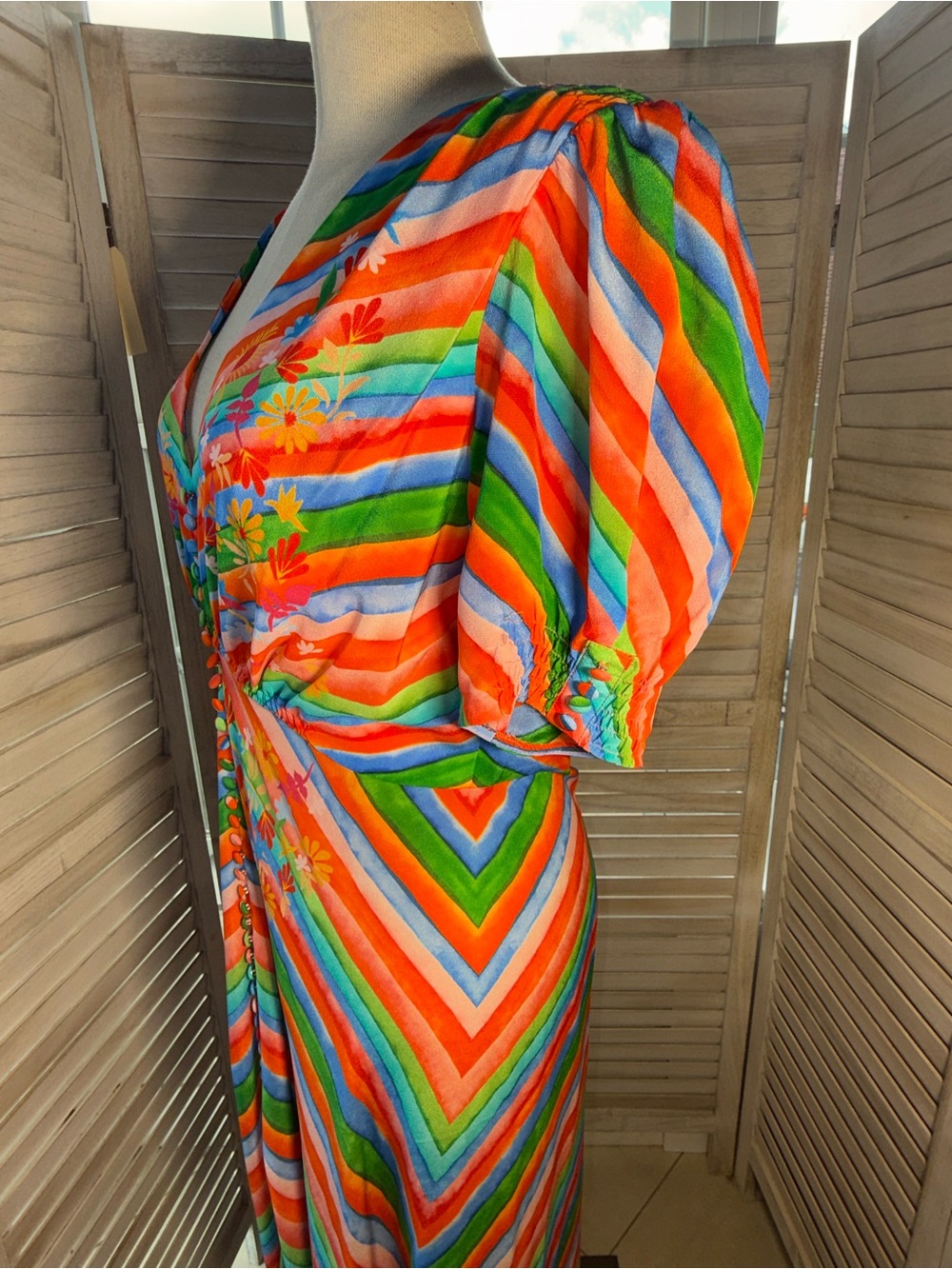 SALONI Lea Silk Maxi Dress Multicolor Watercolor Rainbow Stripe V-Neck 12 - Picture 4 of 8